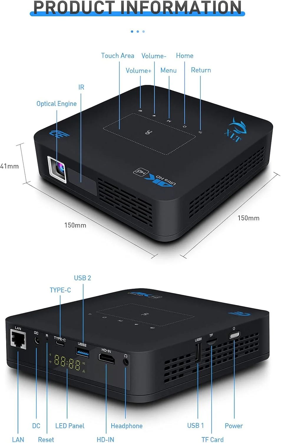 پروژکتور جیبی مینی قابل حمل 4K با لنز تکنولوژی آلمانی XLT، پروژکتور وای فای بلوتوثی DLP با پشتیبانی از HD، اندروید 9.0، کارت حافظه HDMI USB TF برای سینمای خانگی، نمایشگر بی سیم برای پروژکتور خانگی آیفون پروژکتور جیبی مینی قابل حمل 4K با لنز تکنولوژی آلمانی XLT، پروژکتور وای فای بلوتوثی DLP با پشتیبانی از HD، اندروید 9.0، کارت حافظه HDMI USB TF برای سینمای خانگی، نمایشگر بی سیم برای پروژکتور خانگی آیفون