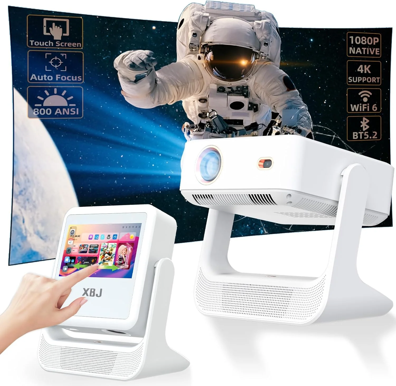 پروژکتور هوشمند XBJ A2Pro با صفحه لمسی، فوکوس خودکار و اصلاح زاویه، دارای برنامه های داخلی، وای فای 6، بلوتوث، پروژکتور فیلم قابل حمل با بلندگوی استریو، پشتیبانی از 4K، 800 انسی لومن، مناسب برای استفاده در داخل و خارج از خانه پروژکتور هوشمند XBJ A2Pro با صفحه لمسی، فوکوس خودکار و اصلاح زاویه، دارای برنامه های داخلی، وای فای 6، بلوتوث، پروژکتور فیلم قابل حمل با بلندگوی استریو، پشتیبانی از 4K، 800 انسی لومن، مناسب برای استفاده در داخل و خارج از خانه