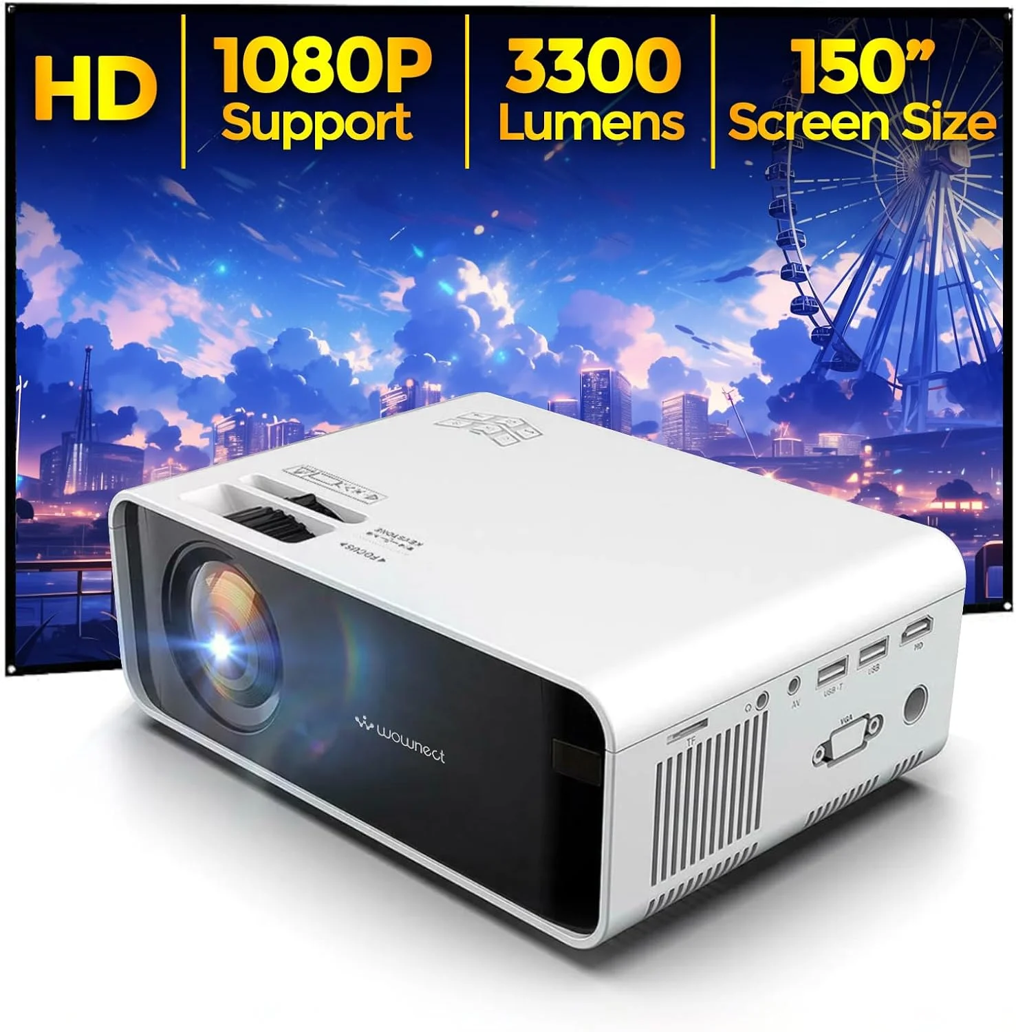 پروژکتور مینی استاندارد Wownect W80، 3300 لومن، پشتیبانی از 1080P Full HD، نمایشگر 150 اینچی، پروژکتور ویدیویی خانگی و فضای باز، پشتیبانی از اندروید تی وی باکس/استیک برای نتفلیکس و یوتیوب پروژکتور مینی استاندارد Wownect W80، 3300 لومن، پشتیبانی از 1080P Full HD، نمایشگر 150 اینچی، پروژکتور ویدیویی خانگی و فضای باز، پشتیبانی از اندروید تی وی باکس/استیک برای نتفلیکس و یوتیوب