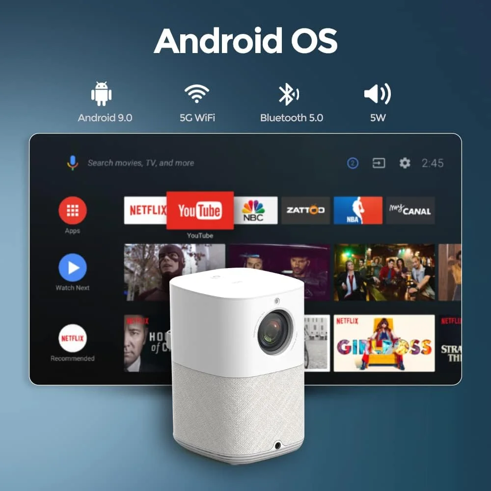 پروژکتور اندروید Wownect با کیفیت اصلی 1080P | پروژکتور ویدئویی 4K با روشنایی 400 انسی لومن مناسب فضای باز [فوکوس الکتریکی]، قابلیت نمایش صفحه موبایل، وای فای 5G و بلوتوث، سینمای خانگی، پروژکتور قابل حمل برای فیلم و بازی