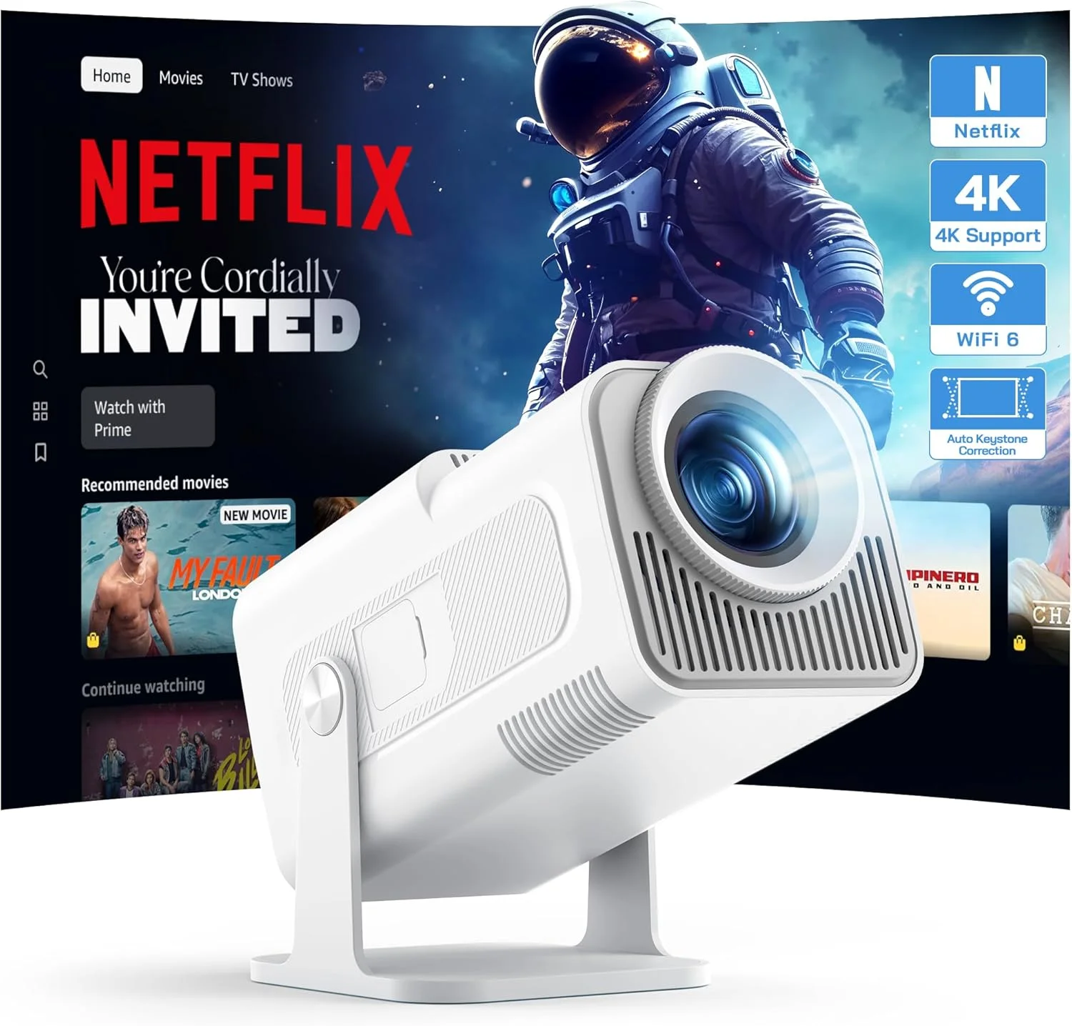 پروژکتور مینی 4K ولفانگ 【برنامه‌های داخلی/نتفلیکس رسمی】، پروژکتور قابل حمل WiFi 6 با 26000 لومن با زوم 50٪، پروژکتور هوشمند خانگی با قابلیت چرخش 180 درجه سازگار با تی وی استیک/iOS/Android/PC/PS5/HDMI/AV