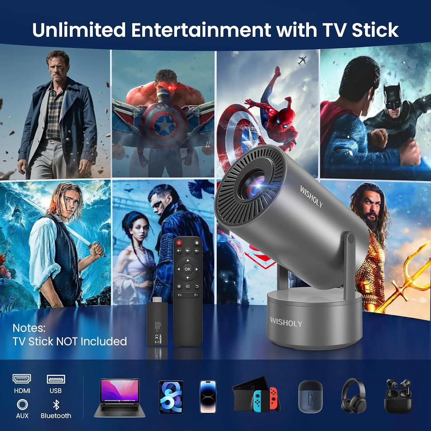 پروژکتور WISHOLY با WiFi و بلوتوث، مینی پروژکتور قابل حمل با باتری قابل شارژ داخلی برای فضای باز، پشتیبانی از 1080P، فوکوس الکتریکی و کیستون خودکار، سینمای خانگی با پایه 210 درجه پروژکتور WISHOLY با WiFi و بلوتوث، مینی پروژکتور قابل حمل با باتری قابل شارژ داخلی برای فضای باز، پشتیبانی از 1080P، فوکوس الکتریکی و کیستون خودکار، سینمای خانگی با پایه 210 درجه