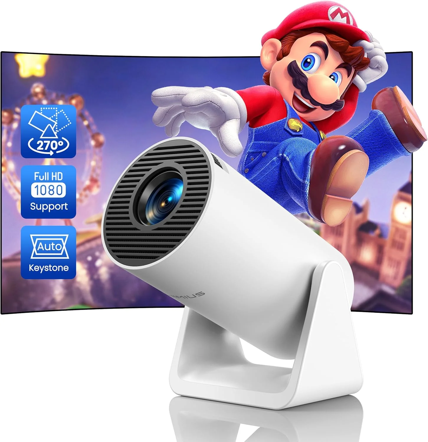 پروژکتور مینی WiMiUS با پایه قابل تنظیم 270 درجه، دارای WiFi و بلوتوث، پروژکتور فیلم قابل حمل در فضای باز با پشتیبانی از 1080P، پروژکتور خانگی با قابلیت تصحیح خودکار کیستون برای تلفن/استیک تلویزیون/لپ تاپ، مدل S27