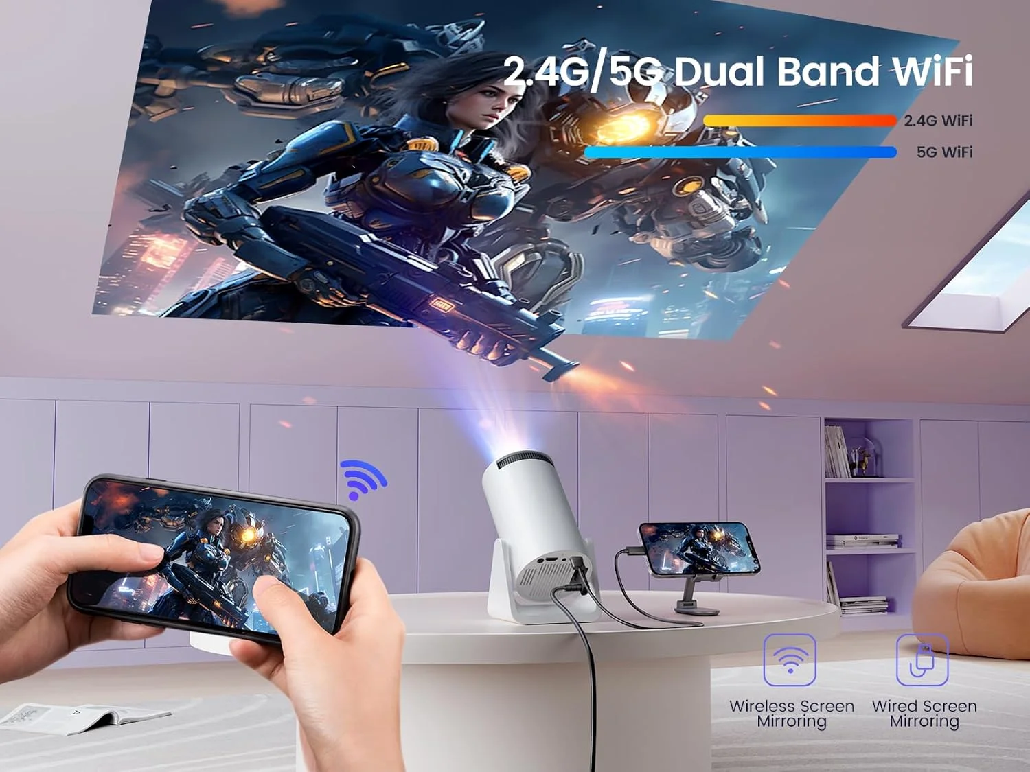 پروژکتور مینی WiMiUS با پایه قابل تنظیم 270 درجه، دارای WiFi و بلوتوث، پروژکتور فیلم قابل حمل در فضای باز با پشتیبانی از 1080P، پروژکتور خانگی با قابلیت تصحیح خودکار کیستون برای تلفن/استیک تلویزیون/لپ تاپ، مدل S27 پروژکتور مینی WiMiUS با پایه قابل تنظیم 270 درجه، دارای WiFi و بلوتوث، پروژکتور فیلم قابل حمل در فضای باز با پشتیبانی از 1080P، پروژکتور خانگی با قابلیت تصحیح خودکار کیستون برای تلفن/استیک تلویزیون/لپ تاپ، مدل S27
