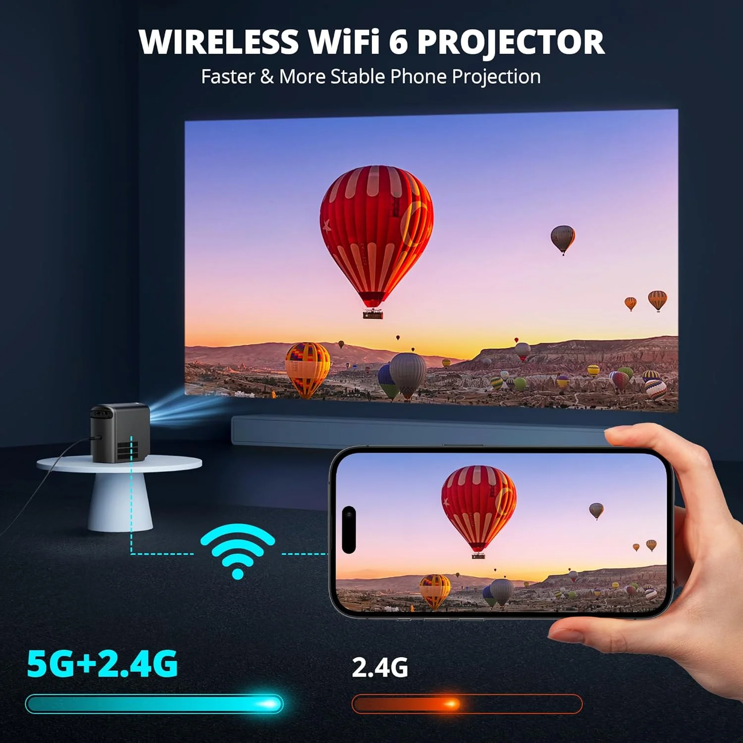 پروژکتور مینی بی سیم با WiFi و بلوتوث 5G، پروژکتور قابل حمل با پشتیبانی از پخش ویدیو فیلم 4K، فوکوس الکتریکی 350ANSI، پروژکتور تلفن سینمای خانگی و فضای باز با کابل HDMI پروژکتور مینی بی سیم با WiFi و بلوتوث 5G، پروژکتور قابل حمل با پشتیبانی از پخش ویدیو فیلم 4K، فوکوس الکتریکی 350ANSI، پروژکتور تلفن سینمای خانگی و فضای باز با کابل HDMI