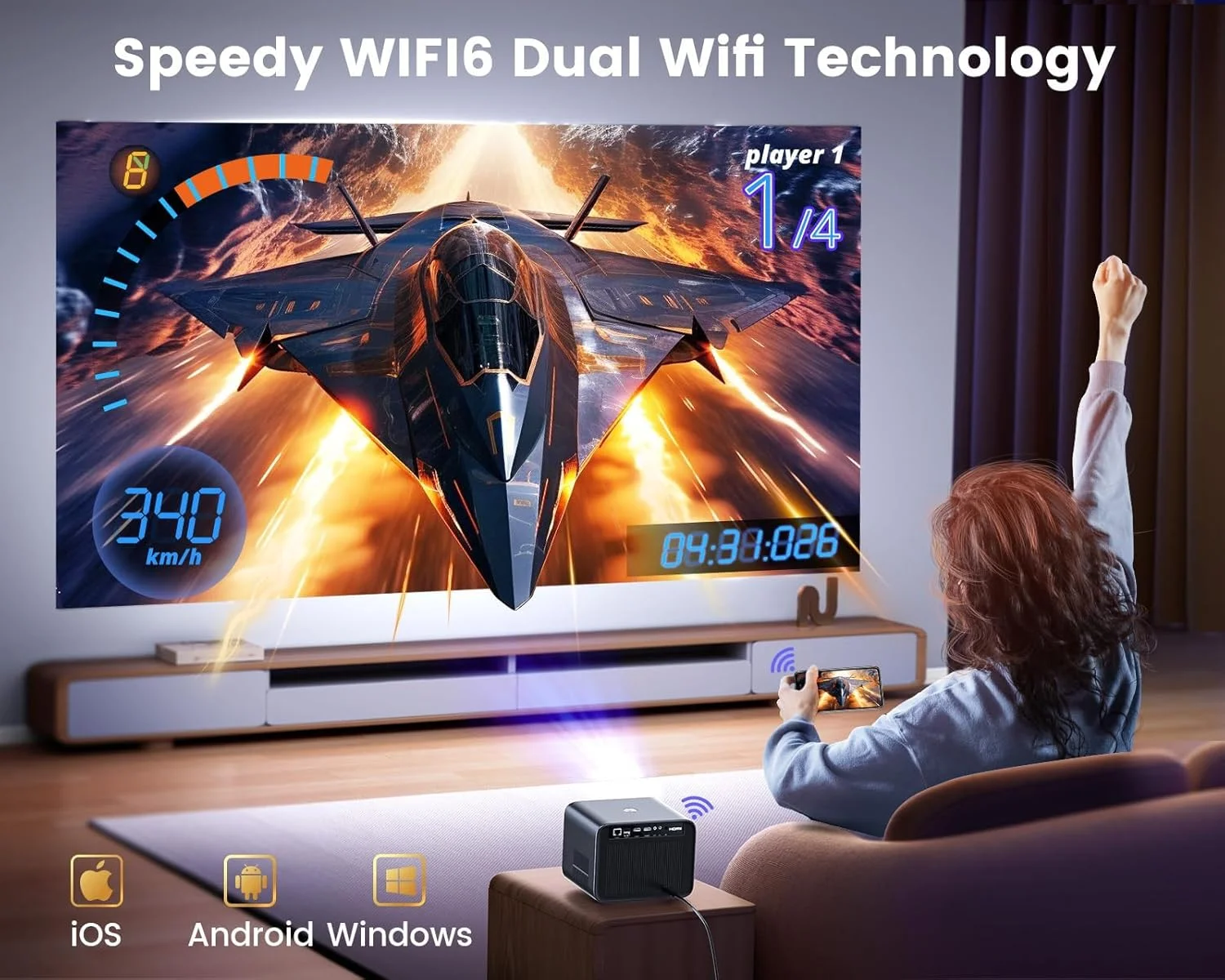 پروژکتور 4K ویمیس [دارای تاییدیه نتفلیکس و صدای دالبی] با Wifi6 و بلوتوث، 700 انسی روشنایی واقعی، 1080P، فوکوس خودکار 6D و کیستون، پروژکتور هوشمند سینمای خانگی، پروژکتور فیلم فضای باز با نتفلیکس و بیش از 7000 برنامه