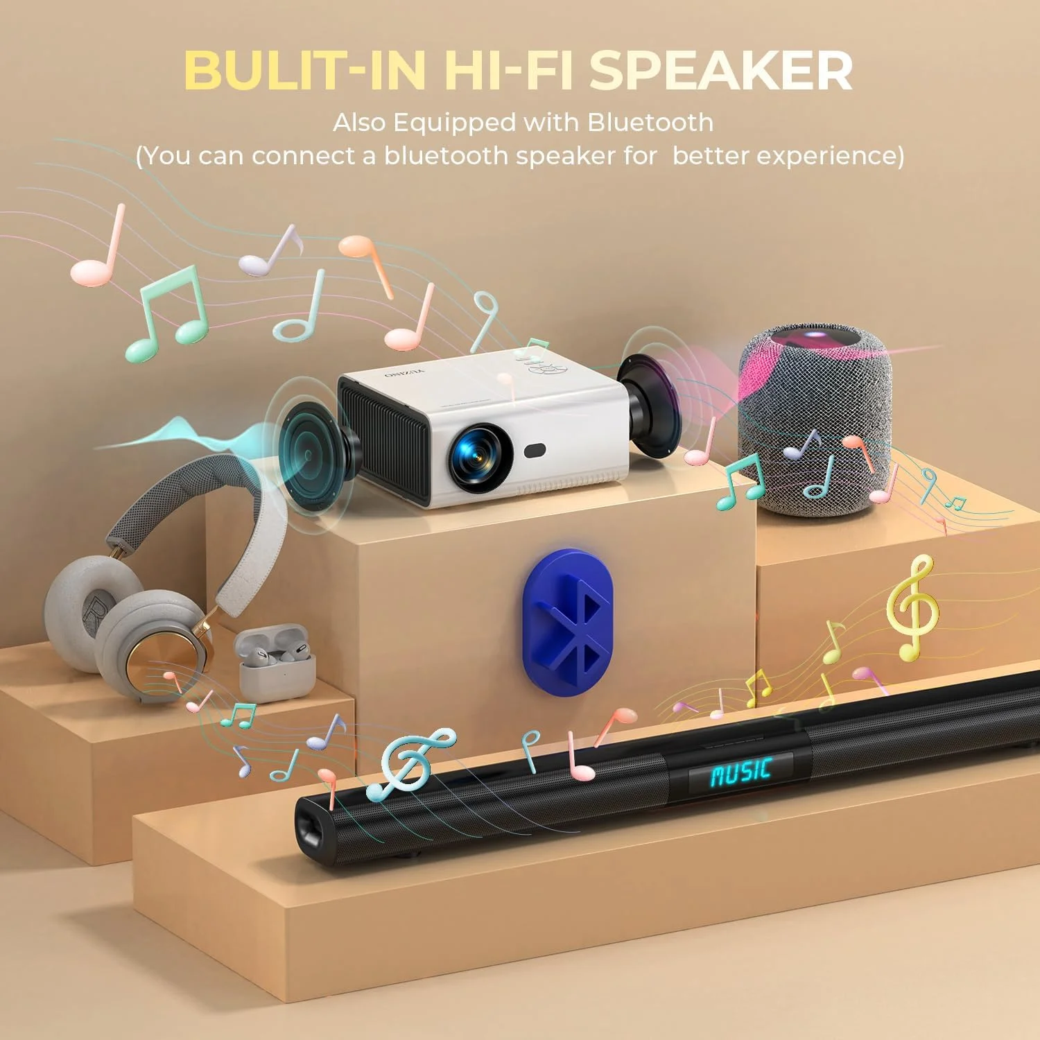 پروژکتور مینی YUZINO 4K [فوکوس الکتریکی/تصحیح کیستون/زوم]، پروژکتور وای فای بلوتوث 15000 لومن فول اچ دی 1080P، سینمای خانگی / پروژکتور ویدیویی فضای باز برای تی وی استیک/لپ تاپ/تلفن همراه/تبلت/بازی