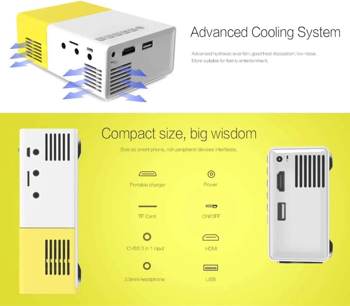 پروژکتور کوچک قابل حمل YG300 با روشنایی 400 - 600 لومن، پروژکتور ویدئویی LCD با پشتیبانی از HDMI / USB / AV / CVBS و کنترل از راه دور برای سینمای خانگی، تئاتر، فیلم در فضای داخلی/خارجی - زرد