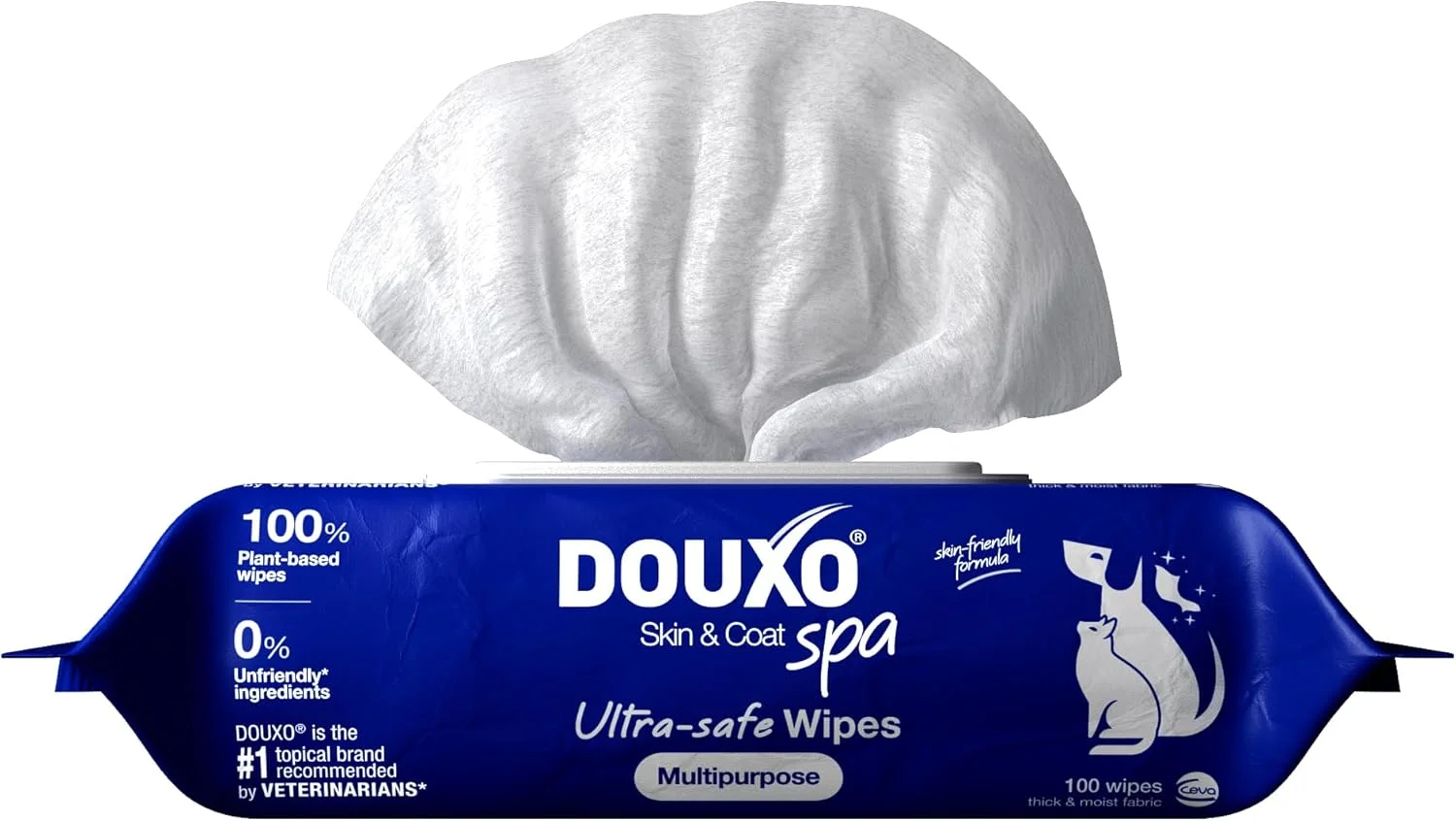 دستمال مرطوب چند منظوره بسیار ایمن پوست و مو سگ و گربه DOUXO® SPA - 100 عدد، به آرامی لکه های اشک و بزاق را پاک می کند، پوست و مو را شاداب و خوشبو می کند، فرمول سازگار با پوست