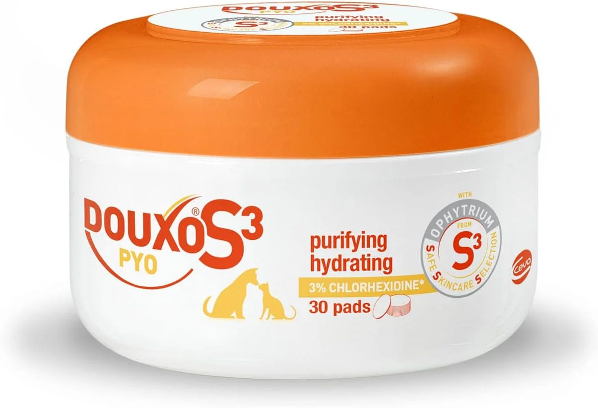 پدهای ضد باکتری و ضد قارچ سگ و گربه DOUXO S3 PYO (دستمال مرطوب) - توصیه شده توسط دامپزشکان و از نظر بالینی ثابت شده - رایحه ضد حساسیت - نقاط داغ - انتخاب ایمن مراقبت از پوست - 30 عدد