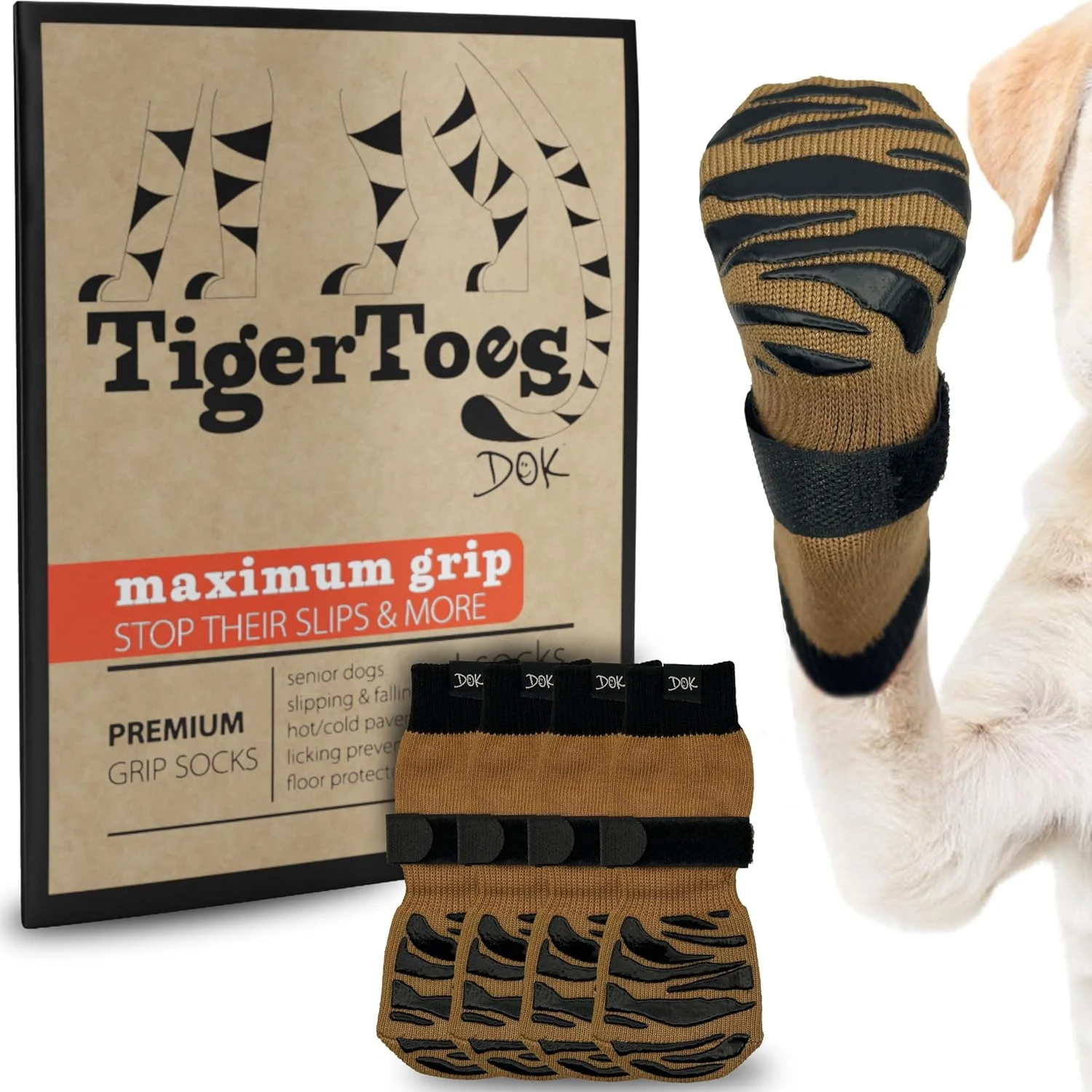 جوراب سگ ضد لغزش ممتاز DOK TigerToes برای کف چوبی - چسبندگی بسیار ضخیم که حتی در صورت پیچ خوردگی نیز کار می کند - از لیسیدن، لغزش جلوگیری می کند و برای محافظت از پنجه سگ عالی است (کاراملی خنک، متوسط)