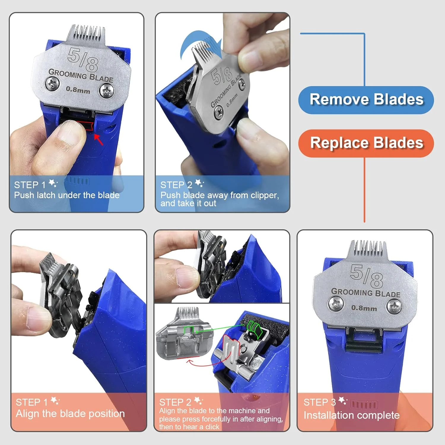 DODAER Detachable Pet Dog Grooming Stainless Steel Blades,Compatible with Andis Size-5/8 Cut Length 1/32-inch(0.8mm),Compatible with Oster A5,Wahl KM10 Series Clippers