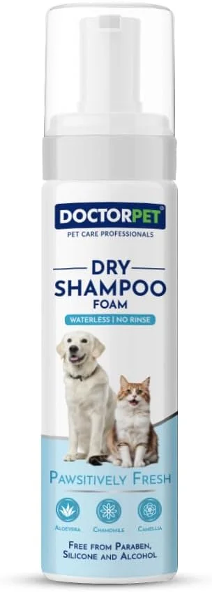 Doctor Pet Dry Shampoo Foam Pawsitively Fresh 200ML - No Rinse Waterless Grooming - Aloe Vera, Chamomile & Camellia - Natural Cleanser for Dogs & Cats