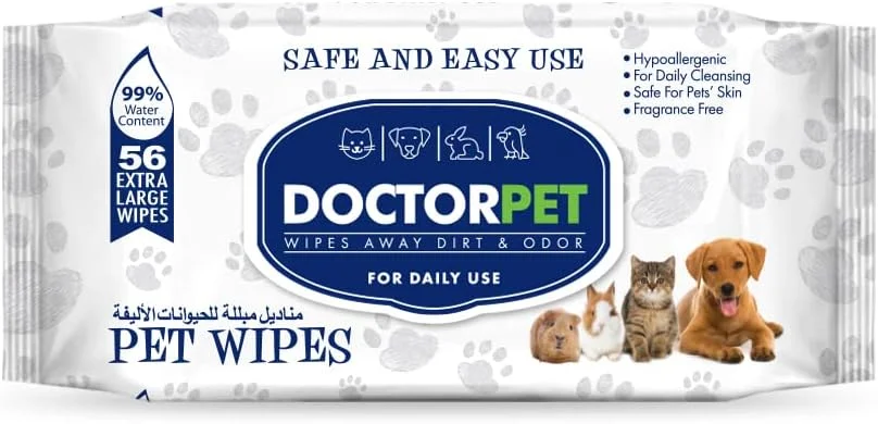 Doctor Pet Wipes 56's – 99% Water Content,Fragrance Free,Hypoallergenic, Extra Large Wipes for Daily Cleansing