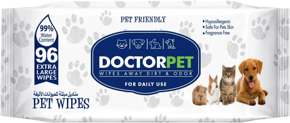 Doctor Pet Wipes 96's – 99% Water Content,Fragrance Free,Hypoallergenic, Extra Large Wipes for Daily Cleansing
