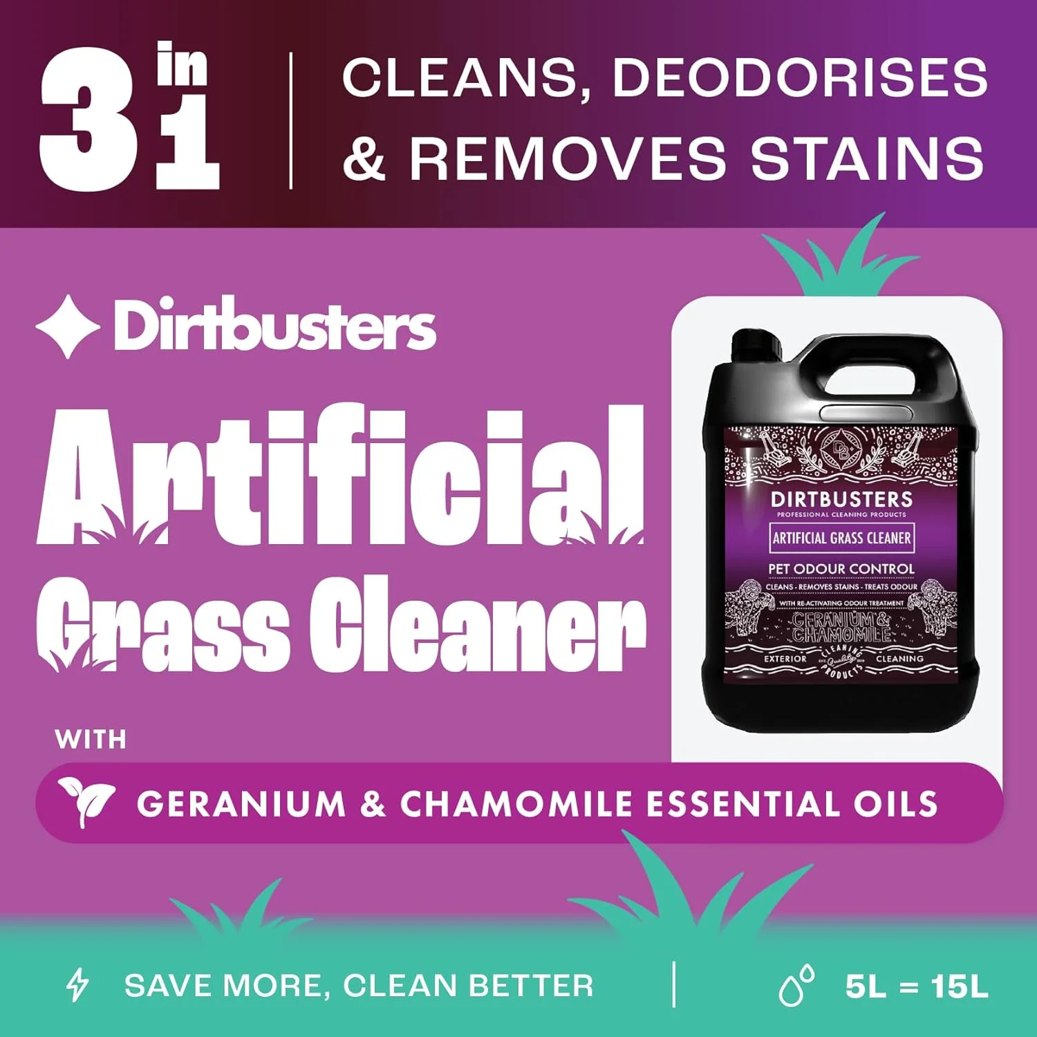 مایع تمیز کننده چمن مصنوعی مخصوص حیوانات خانگی Dirtbusters با از بین برنده بو و ادرار برای سگ و گربه، برای تمیز کردن، از بین بردن لکه ها و خوشبو کردن (5 لیتر)