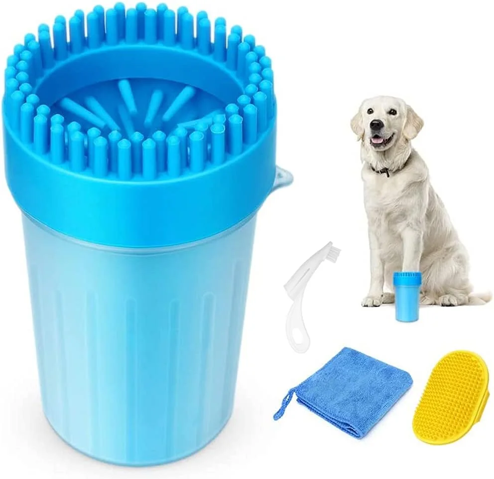 M&J&DELEE فنجان تمیز کننده پنجه حیوانات خانگی، فنجان برس تمیز کننده پای سگ قابل حمل با موهای نرم سیلیکونی، مناسب برای نظافت سگ های بزرگ و متوسط ​​(فنجان تمیز کننده، حوله، مسواک و رنگ برس تصادفی)