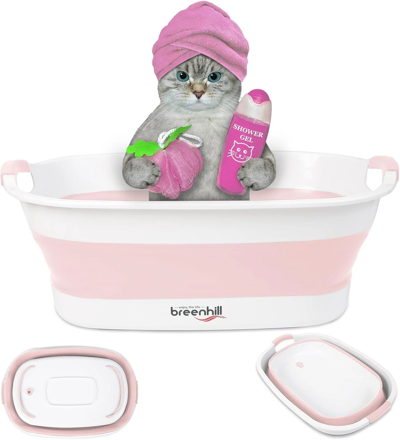 وان حمام تاشو حیوانات خانگی با درپوش تخلیه آب، وان حمام قابل حمل برای توله سگ، سگ های کوچک و گربه ها، طراحی قابل حمل و صرفه جویی در فضا، صورتی