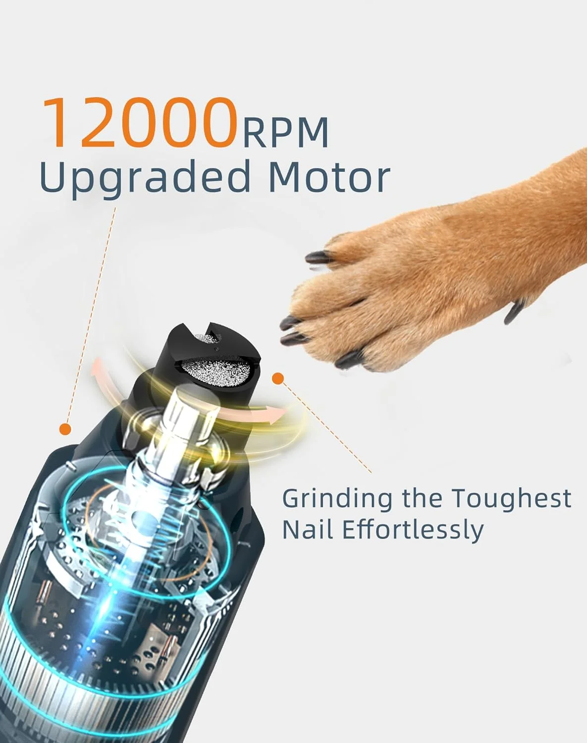 سوهان ناخن سگ Pedgogo با 6 سرعت و چراغ LED، مناسب سگ های بزرگ، فوق العاده کم صدا (45 دسی بل) با سرعت 12000 دور در دقیقه و قابل شارژ، ناخن گیر سگ، اصلاح بدون درد برای حیوانات خانگی بزرگ، متوسط و کوچک