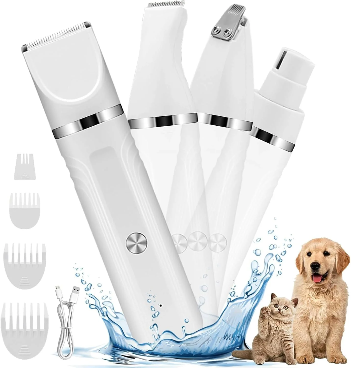 ست پیرایش ماشین اصلاح سگ، ماشین اصلاح حرفه ای 2 در 1 سگ برای پوشش های ضخیم و سنگین، ماشین اصلاح پنجه سگ کم صدا با چراغ LED، ماشین اصلاح موی حیوانات خانگی شارژی بی سیم برای سگ ها و گربه های کوچک و بزرگ (سفید)