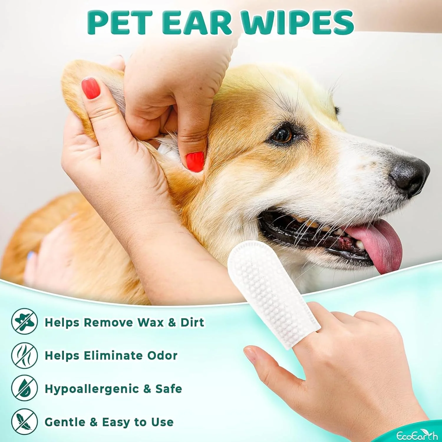 ۵۰ عدد دستمال مرطوب انگشتی تمیز کننده گوش حیوانات خانگی، کیت دستمال مرطوب تمیز کننده برای سگ و گربه، دستمال مرطوب انگشتی پاک کننده جرم گوش، دستمال مرطوب یکبار مصرف حیوانات خانگی برای تسکین خارش گوش و محافظت در برابر عفونت