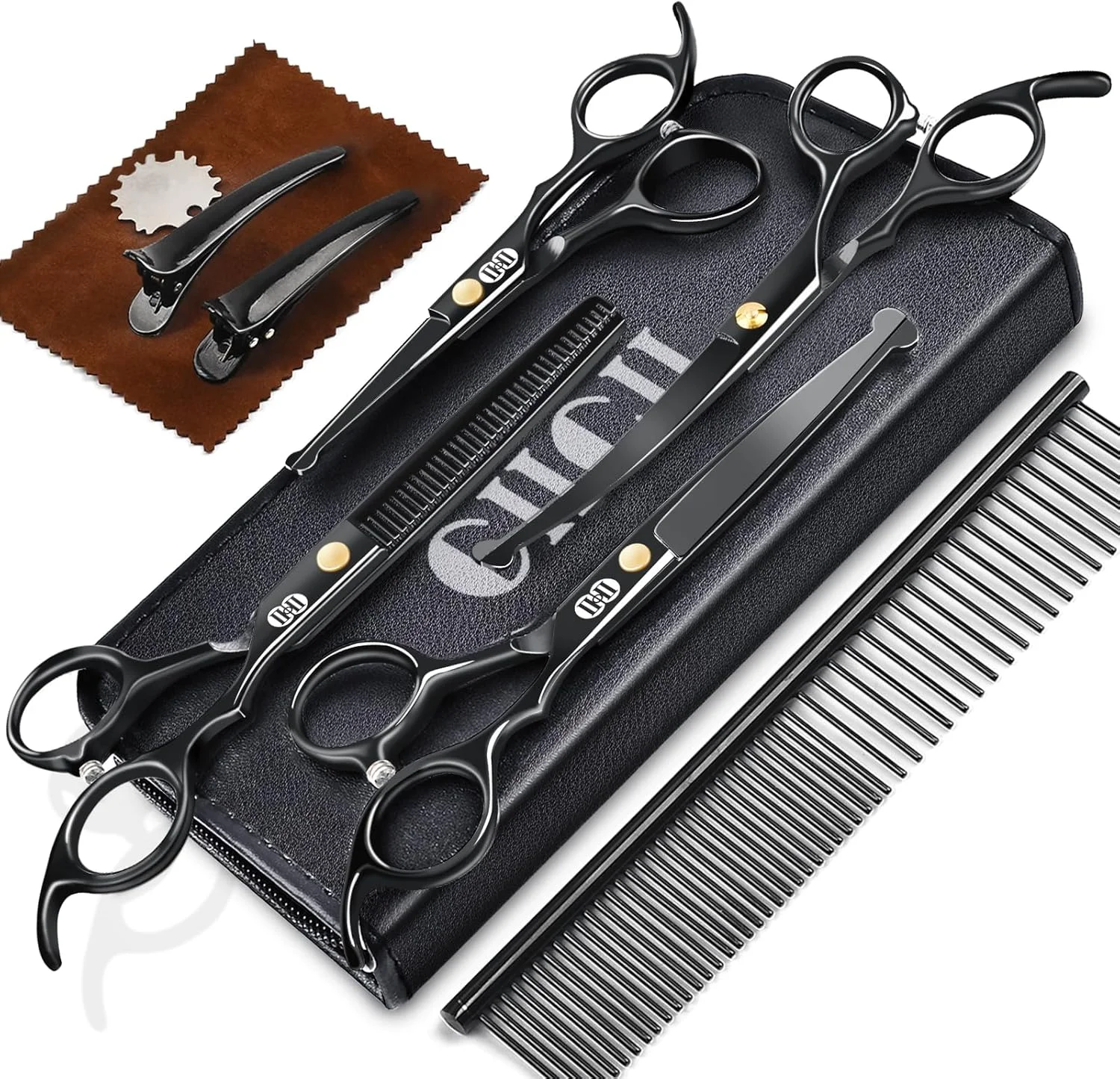 ست قیچی آرایشگری سگ حرفه ای 10 در 1 CIICII با نوک گرد ایمنی برای گربه و حیوانات خانگی (مشکی)