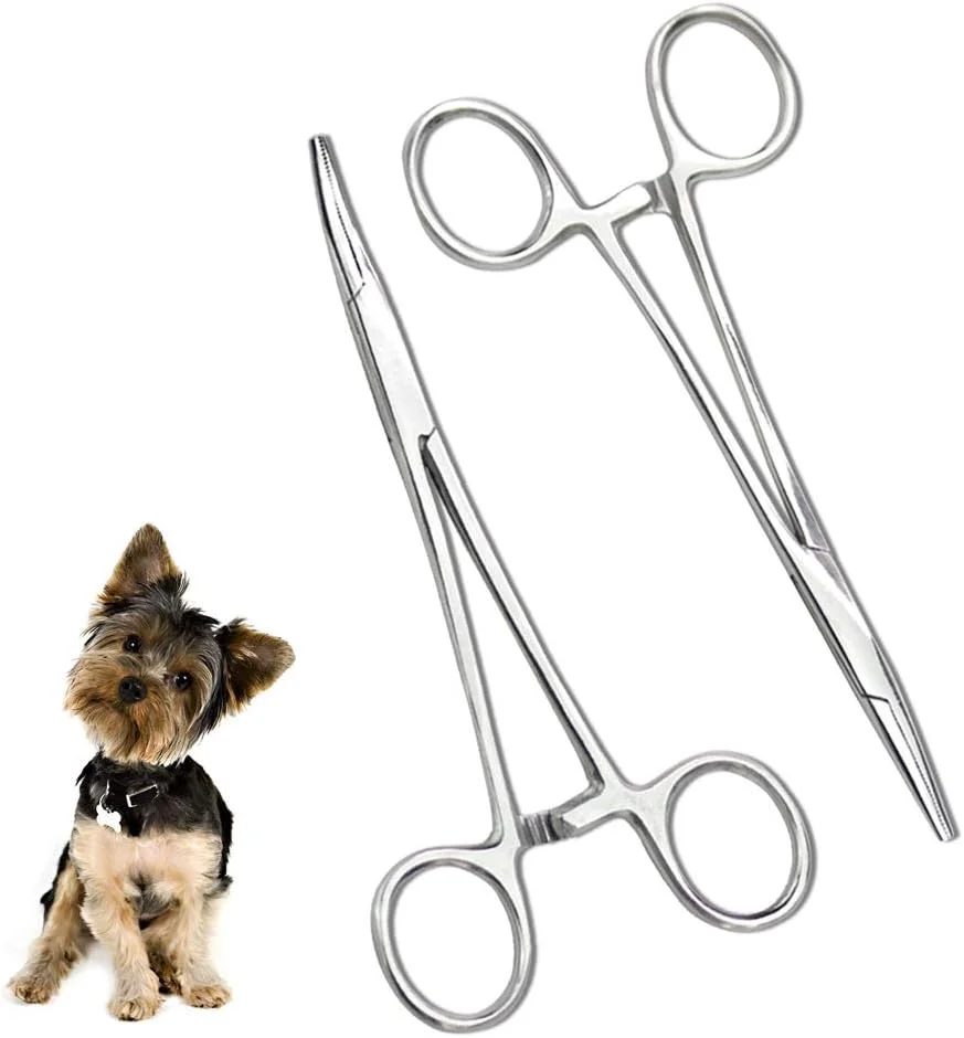 مجموعه انبر موچین گوش/بینی حیوانات خانگی Chi-buy، شامل یک انبر صاف و یک انبر خمیده، تماماً دندانه دار، ساخته شده از فولاد ضد زنگ، ابزار پیرایش حرفه ای حیوانات خانگی برای گربه ها و سگ ها، مجموعه 2 عددی