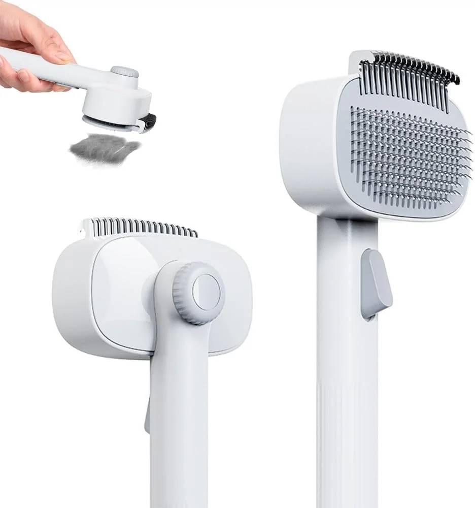 برس نظافت گربه و سگ 2 در 1 - ابزار ریزش مو با دکمه رهاسازی برای موهای بلند/کوتاه، شانه گره باز کن دو طرفه و برس ماساژ (سفید، از بین برنده موی حیوانات خانگی بدون گره)