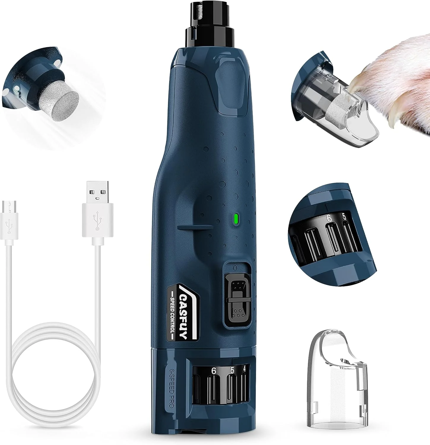 سوهان ناخن سگ Casfuy بی صدا - (45db) سوهان ناخن حیوانات خانگی 6 سرعته با 2 چراغ LED برای سگ/گربه های بزرگ، متوسط و کوچک، سوهان ناخن برقی قابل شارژ حرفه ای 3 پورت با درپوش گرد و غبار