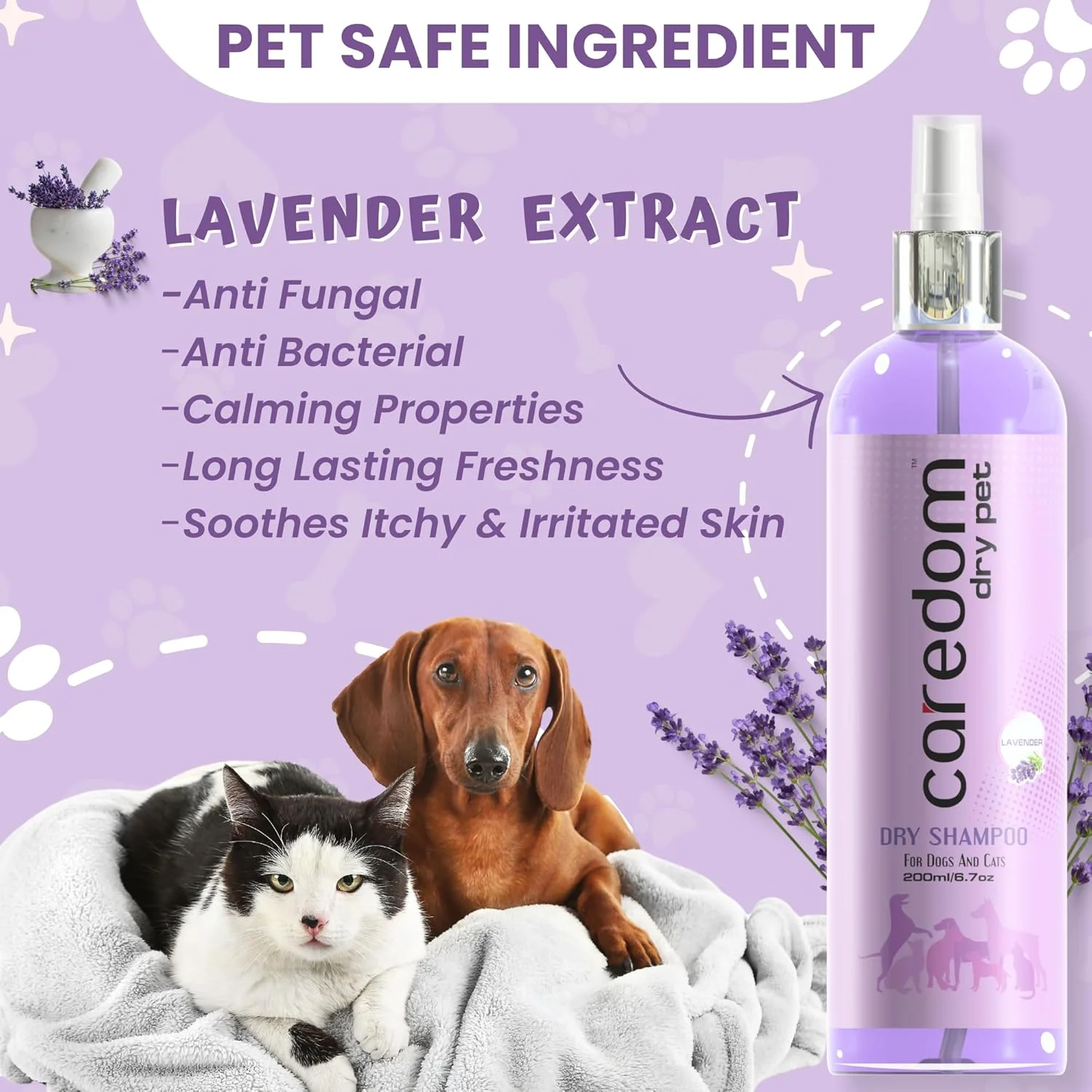 شامپو خشک حیوانات خانگی Caredom | شامپو خشک برای سگ و گربه | شامپو بدون آب برای سگ و گربه با رایحه اسطوخودوس | شامپو سگ برای مرطوب کردن، پاکسازی و خوشبو کردن | اسپری شامپو خشک (200 میلی لیتر)