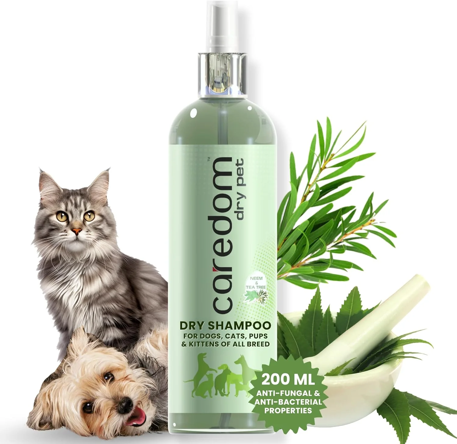 شامپو خشک سگ و گربه Caredom برای حمام بدون آب | اسپری شامپو خشک با عصاره های چریش و درخت چای | شامپو سگ و گربه با خواص ضد قارچی و ضد باکتریایی | شامپو حیوانات خانگی (200 میلی لیتر)