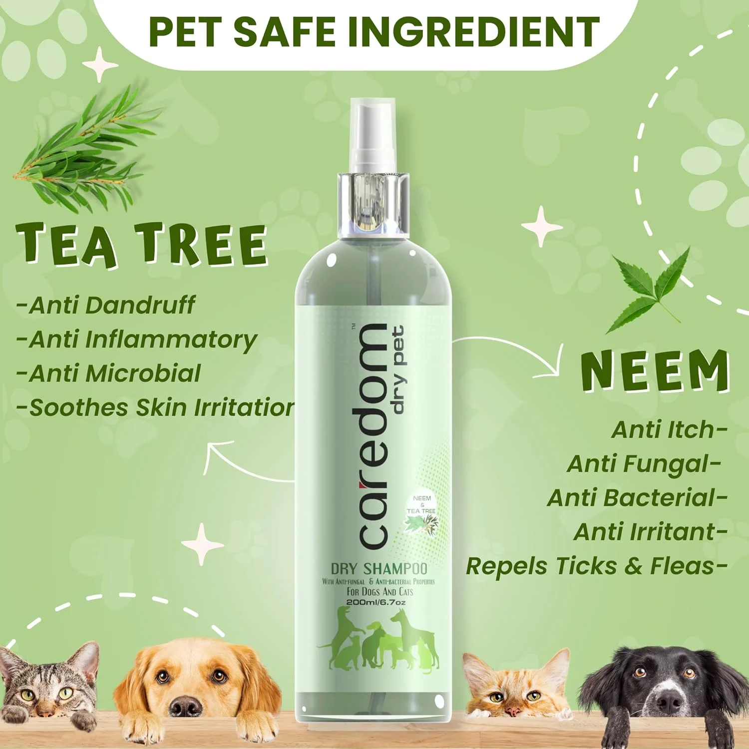 شامپو خشک سگ و گربه Caredom برای حمام بدون آب | اسپری شامپو خشک با عصاره های چریش و درخت چای | شامپو سگ و گربه با خواص ضد قارچی و ضد باکتریایی | شامپو حیوانات خانگی (200 میلی لیتر)