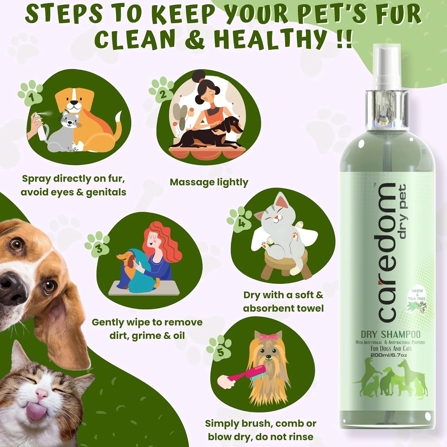 شامپو خشک سگ و گربه Caredom برای حمام بدون آب | اسپری شامپو خشک با عصاره های چریش و درخت چای | شامپو سگ و گربه با خواص ضد قارچی و ضد باکتریایی | شامپو حیوانات خانگی (200 میلی لیتر)