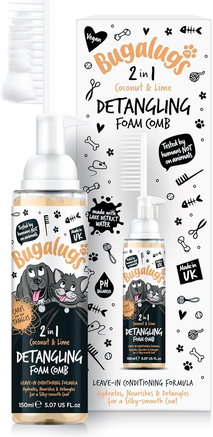 شانه فوم باز کننده گره حیوانات خانگی Bugalugs - اسپری نرم کننده بدون نیاز به آبکشی برای باز کردن گره ها. بدون گره خوردگی. فرمول حرفه ای آرایش سگ با پروتئین گندم. اسپری باز کننده گره سگ برای رفع گره خوردگی (نارگیل و لیمو)