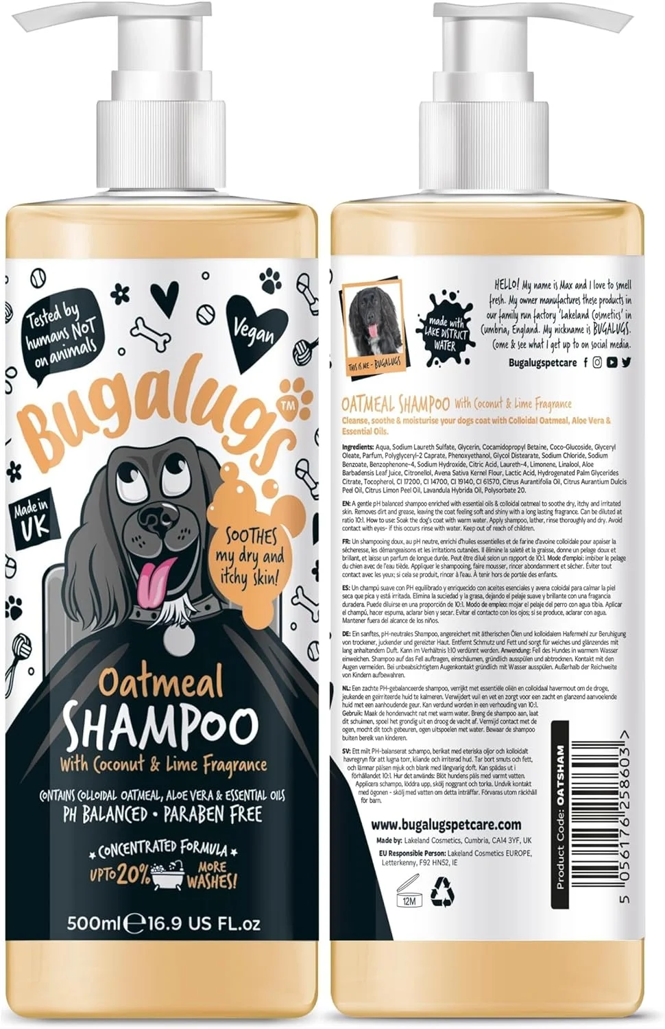 BUGALUGS Oatmeal & Aloe Vera Dog Shampoo dog grooming shampoo products for smelly dogs with fragrance, oatmeal puppy shampoo, professional Vegan pet shampoo & conditioner (500ml)