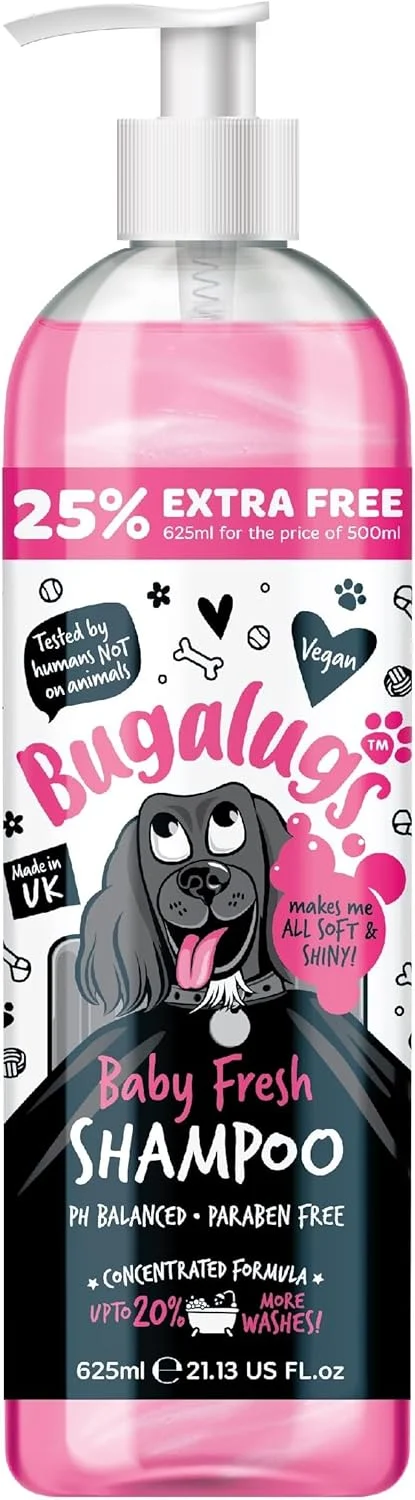 شامپو سگ با رایحه پودر بچه بوگالگز، محصولات شامپو سگ برای سگ های بدبو با رایحه پودر بچه، بهترین شامپو توله سگ با رایحه بچه، شامپو نرم کننده، شامپو حیوانات خانگی وگان حرفه ای (625 میلی لیتر)