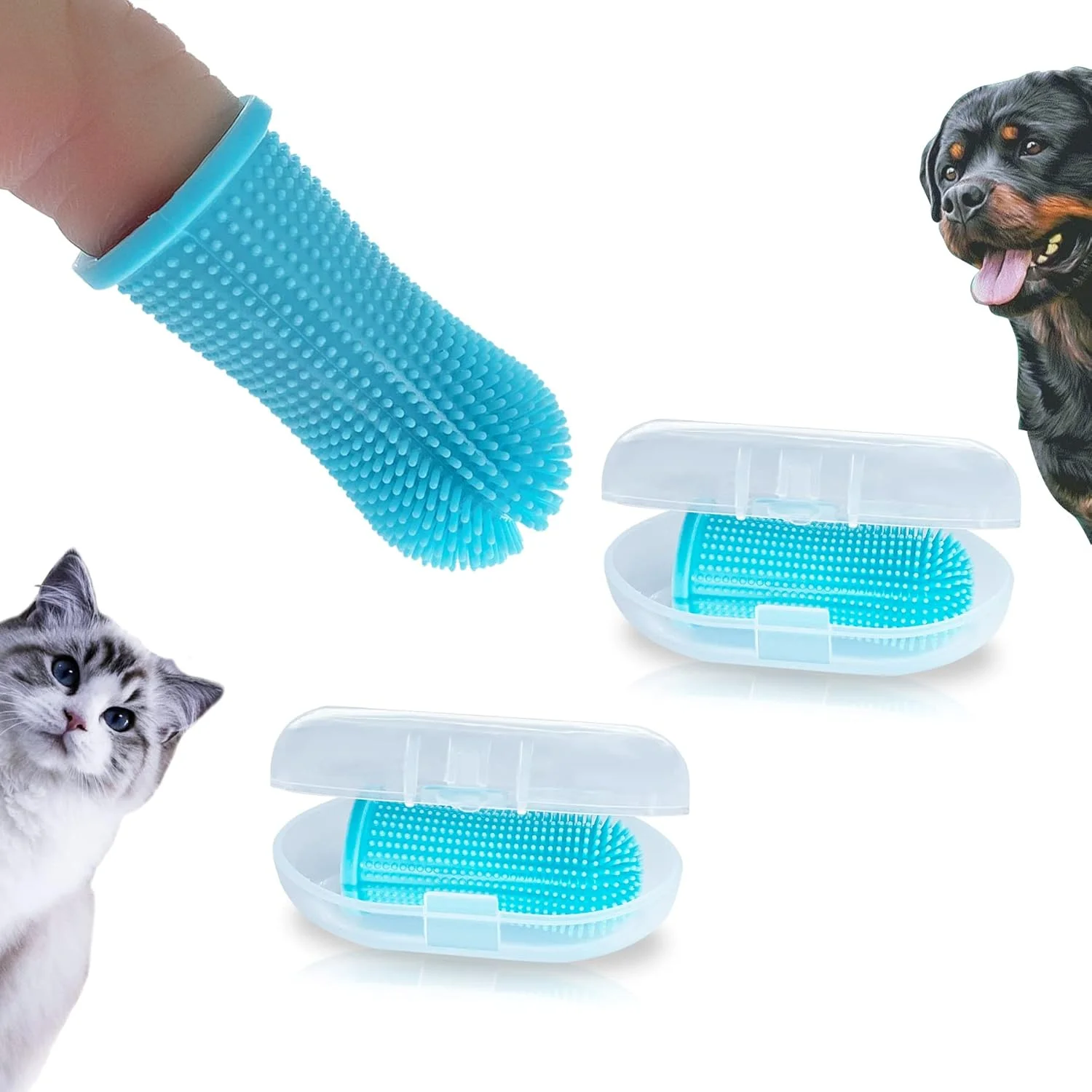 کیت مسواک سگ، مسواک سگ، مسواک گربه، مراقبت از دندان گربه، مسواک انگشتی، مسواک برای سگ های نژاد کوچک با جعبه نگهداری، برس های فراگیر کامل، سیلیکون غیر سمی، تمیز کردن آسان، 2 عدد