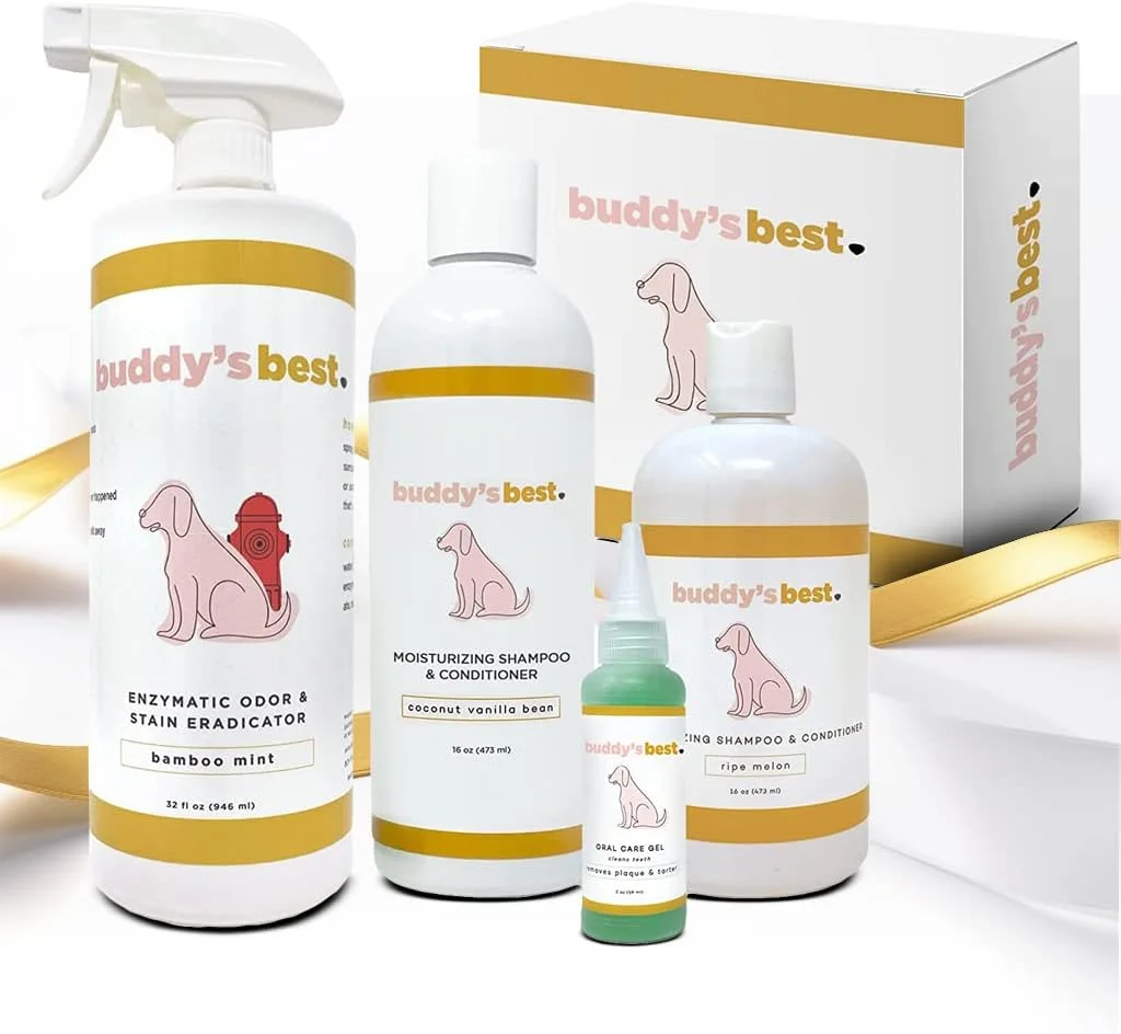 بهترین جعبه هدیه سگ Buddy's Best برای تعطیلات و مناسبت های خاص - بسته حیوانات خانگی شامل از بین برنده بو (946 میلی لیتر)، ژل مراقبت از دهان (59 میلی لیتر) و شامپو، نارگیل وانیلی (473 میلی لیتر) و خربزه رسیده (473 میلی لیتر)
