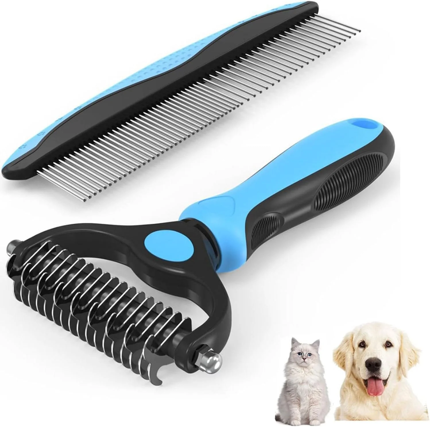 ست برس گربه، شانه سگ 2 در 1، برس نظافت حیوانات خانگی و شانه فلزی ترکیبی، برس موی سگ و گربه فلزی، شانه دو طرفه کک و شپش ابزار حذف مو برس حیوانات خانگی برای موهای بلند و کوتاه سگ، گربه و خرگوش - آبی