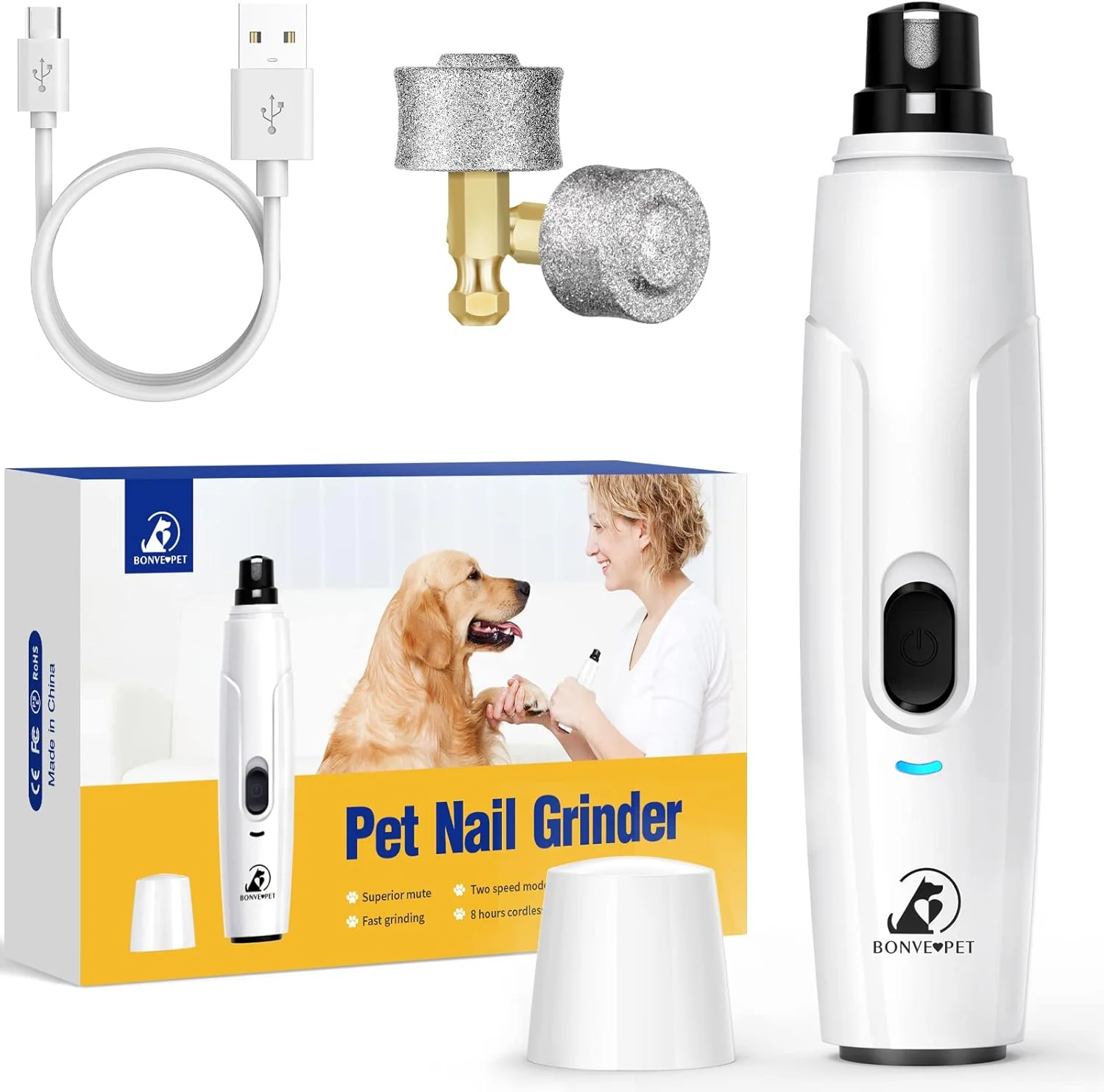 سوهان ناخن سگ Bonve Pet، ناخن گیر ارتقا یافته گربه و سگ، فوق العاده بی صدا، دارای 2 چرخ سنگ زنی، ناخن گیر حیوانات خانگی قابل شارژ USB برای ناخن های نژاد سگ و گربه کوچک و بزرگ