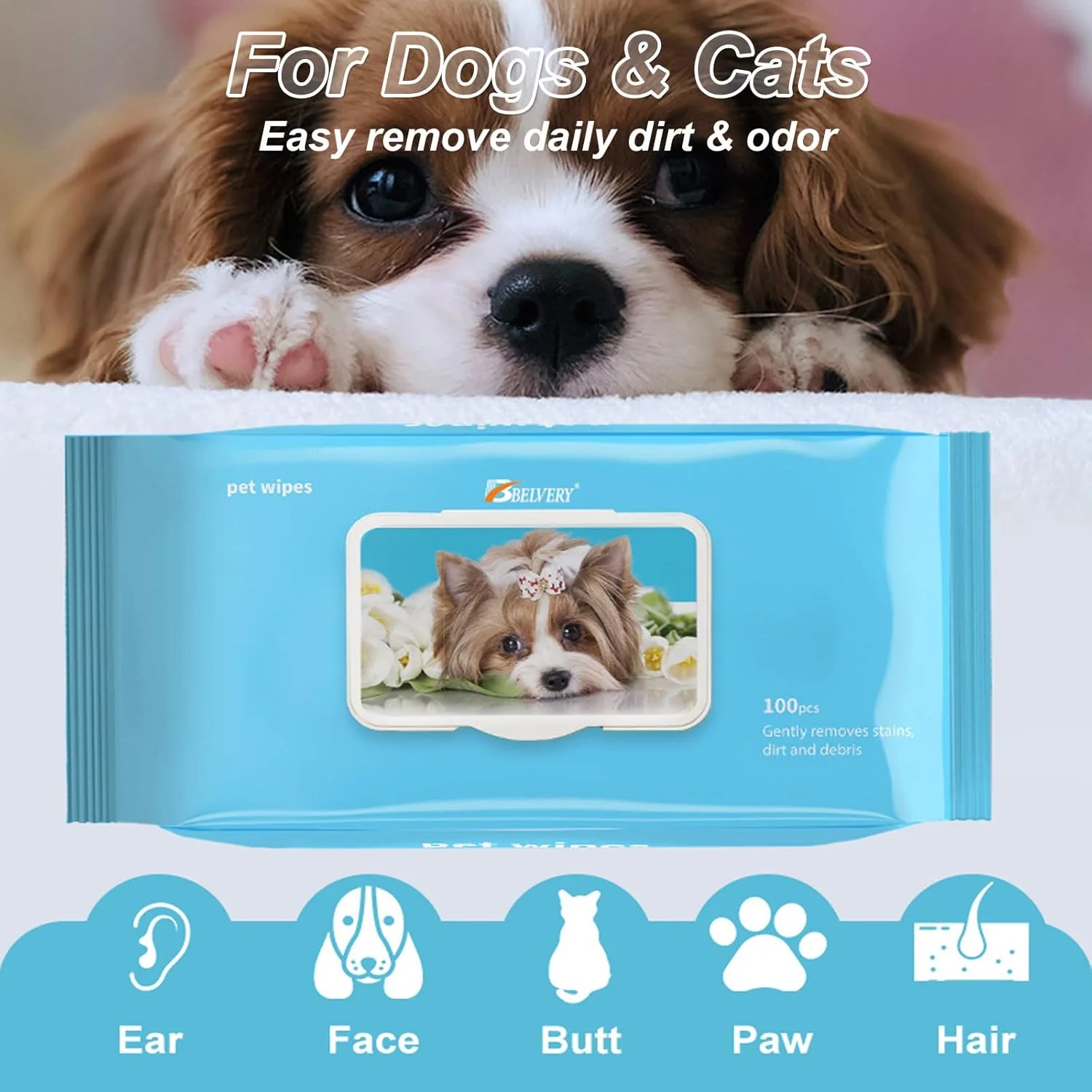 دستمال مرطوب سگ Belvery نرم - دستمال مرطوب خوشبو کننده سگ برای توله سگ ها و صورت، پنجه، گوش و باسن گربه، سفید، 100 عدد