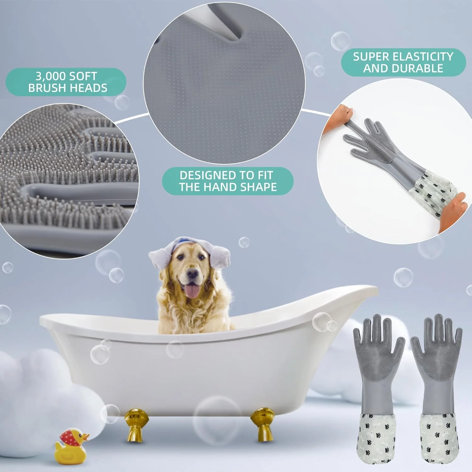 دستکش های نظافت حیوانات خانگی 2 در 1 BIGTHREE، دستکش های ماساژ و حذف موی سیلیکونی برای سگ، گربه، خرگوش، مقاوم در برابر حرارت و دندانه های متراکم، ایده آل برای حمام کردن و فصل ریزش مو (1 جفت، خاکستری)