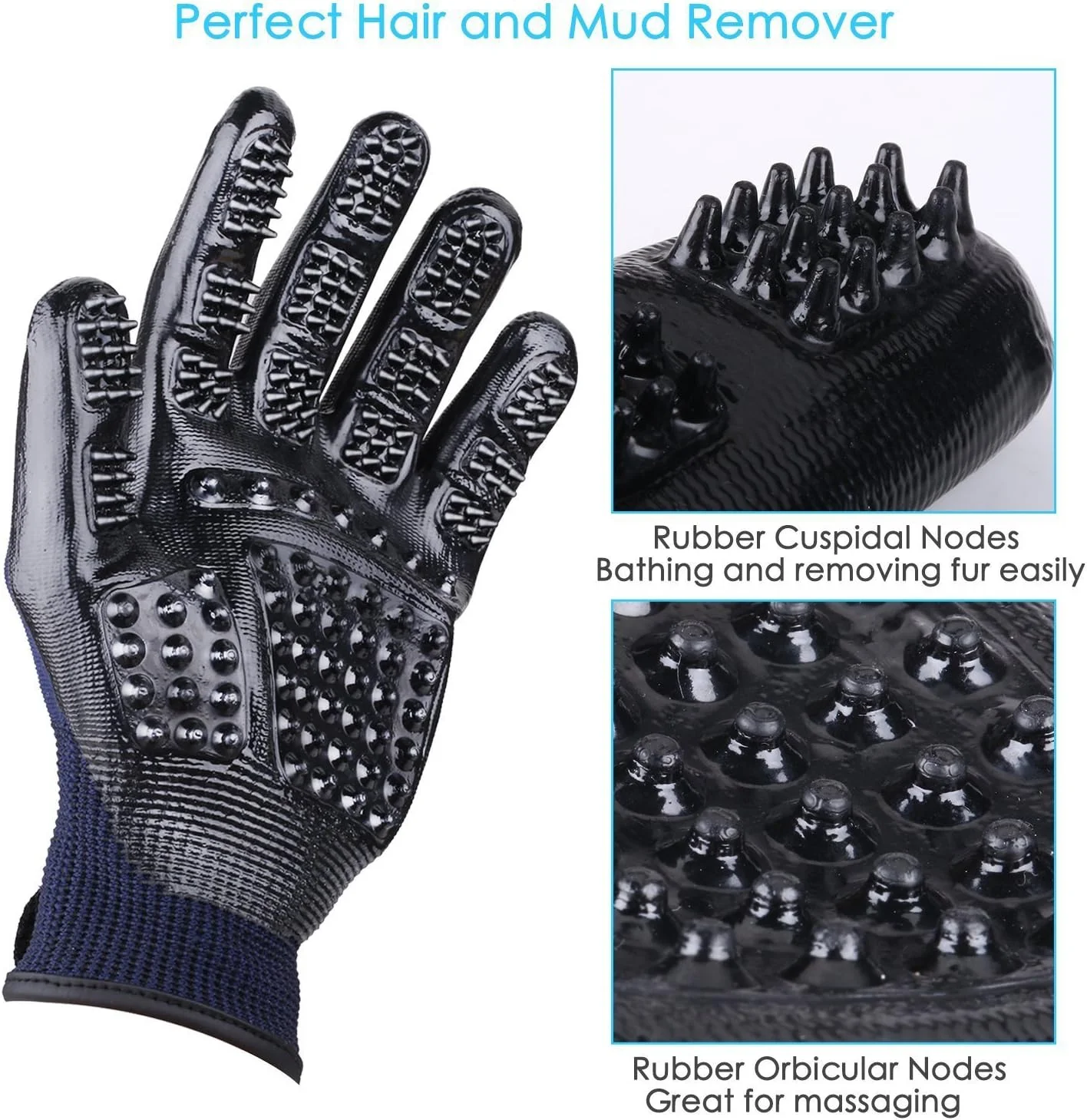 بهترین دستکش های نظافت حیوانات خانگی - دستکش لاستیکی با طراحی پنج انگشتی بهبود یافته، برس های ملایم برای ریزش مو برای گربه ها، سگ ها و اسب ها (آبی)