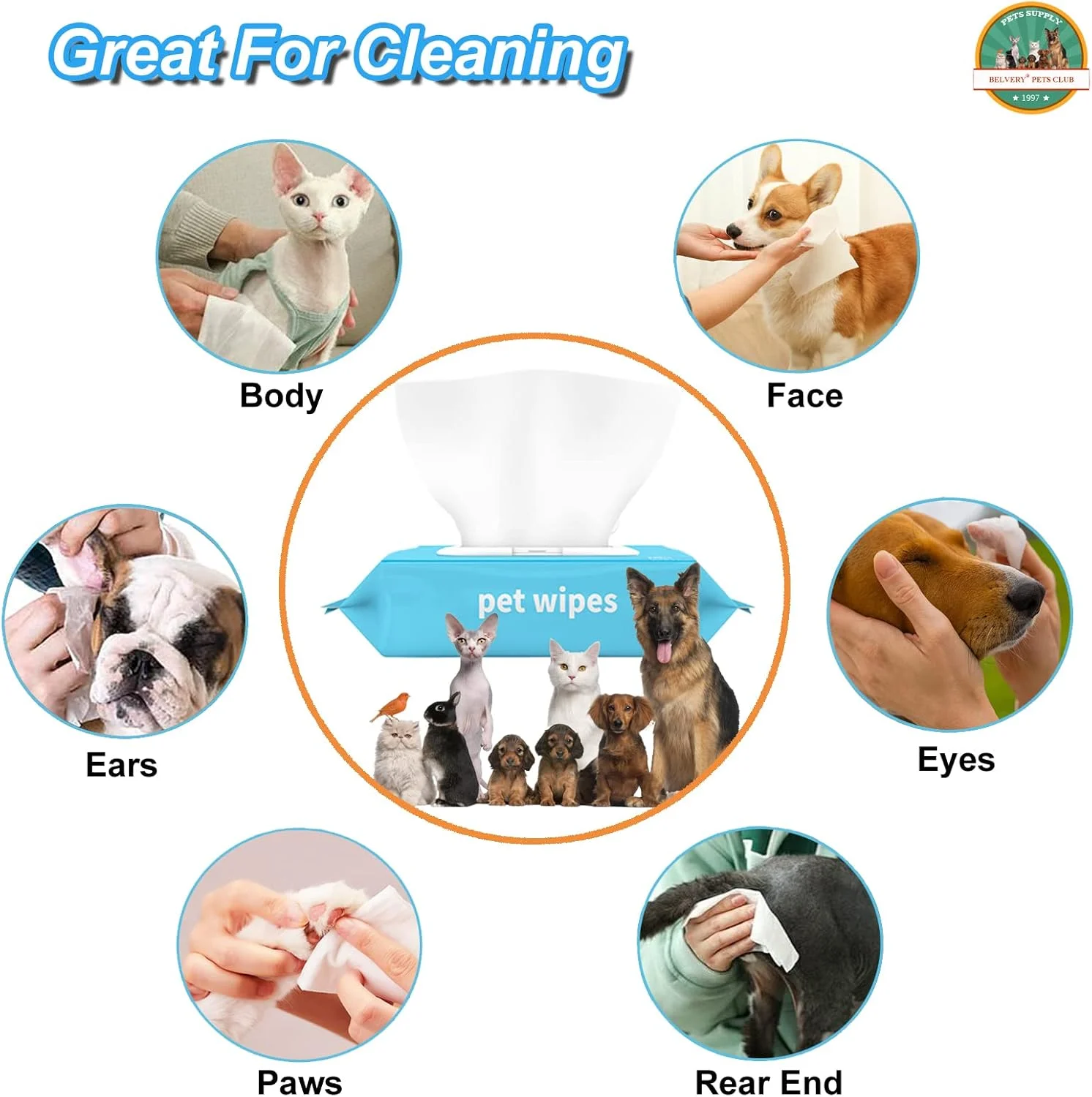 دستمال مرطوب سگ Belvery نرم - دستمال مرطوب خوشبو کننده سگ برای توله سگ ها و صورت، پنجه، گوش و باسن گربه، سفید، 100 عدد