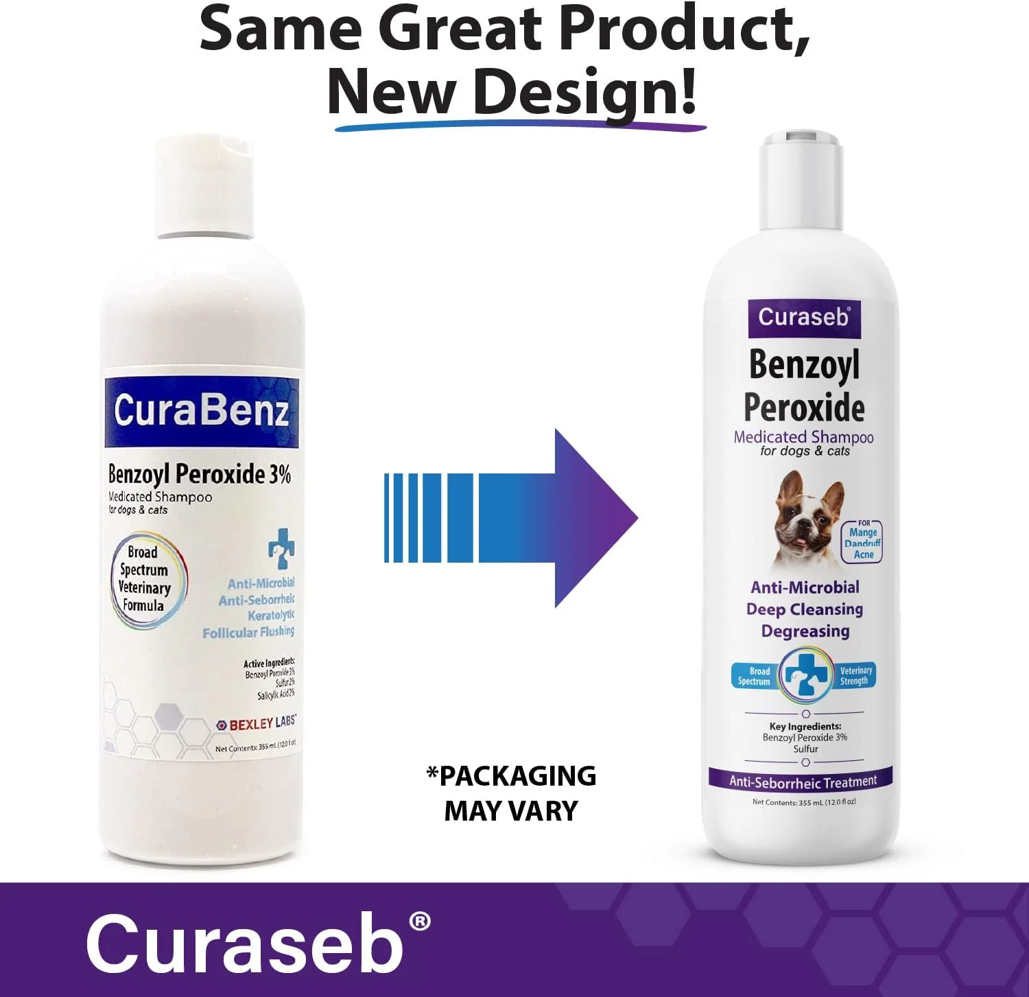 شامپو سگ بنزوئیل پراکسید Curaseb از BEXLEY LABS - درمان جرب، دمودکس، شوره سر، سبوره، پیودرما، کنه ها و آکنه - فرمول دامپزشکی طیف گسترده، 355 میلی لیتر