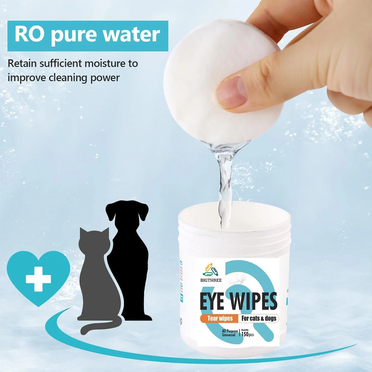 پد تمیز کننده گوش غیر بافته BIGTHREE شامل 150 عدد پد و پد تمیز کننده چشم شامل 150 عدد - پدهای نظافتی ملایم برای سگ و گربه، با رایحه ای ملایم و تازه، از بین برنده جرم، بو و لکه های اشک (گوش/چشم/پنجه/بینی)