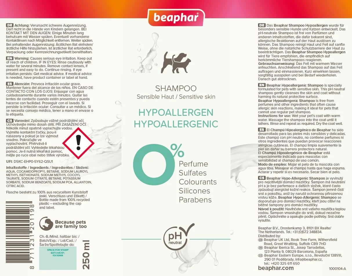 شامپو ضد حساسیت پوست حساس Beaphar حجم 250 میلی لیتر