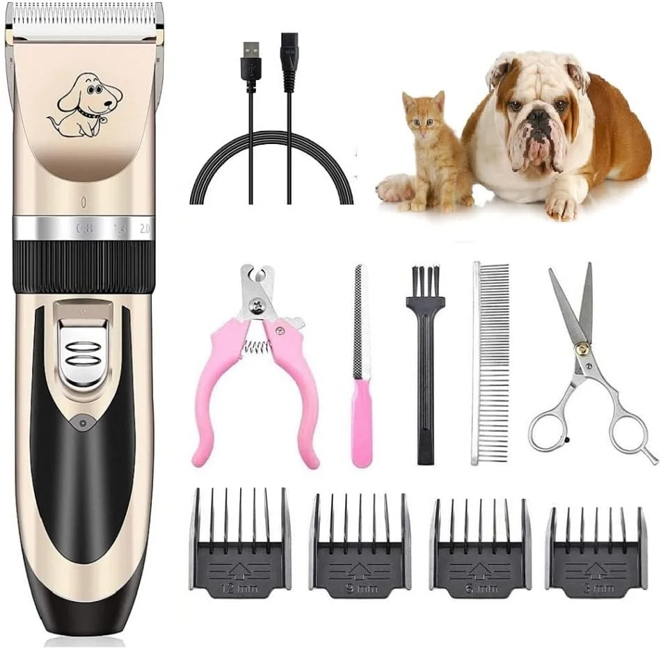 ست ماشین اصلاح موی سگ و گربه BE ONE، کم صدا، شارژی USB بی سیم، آرایشگر حیوانات خانگی با 4 شانه و 4 ابزار اضافی (طلایی)