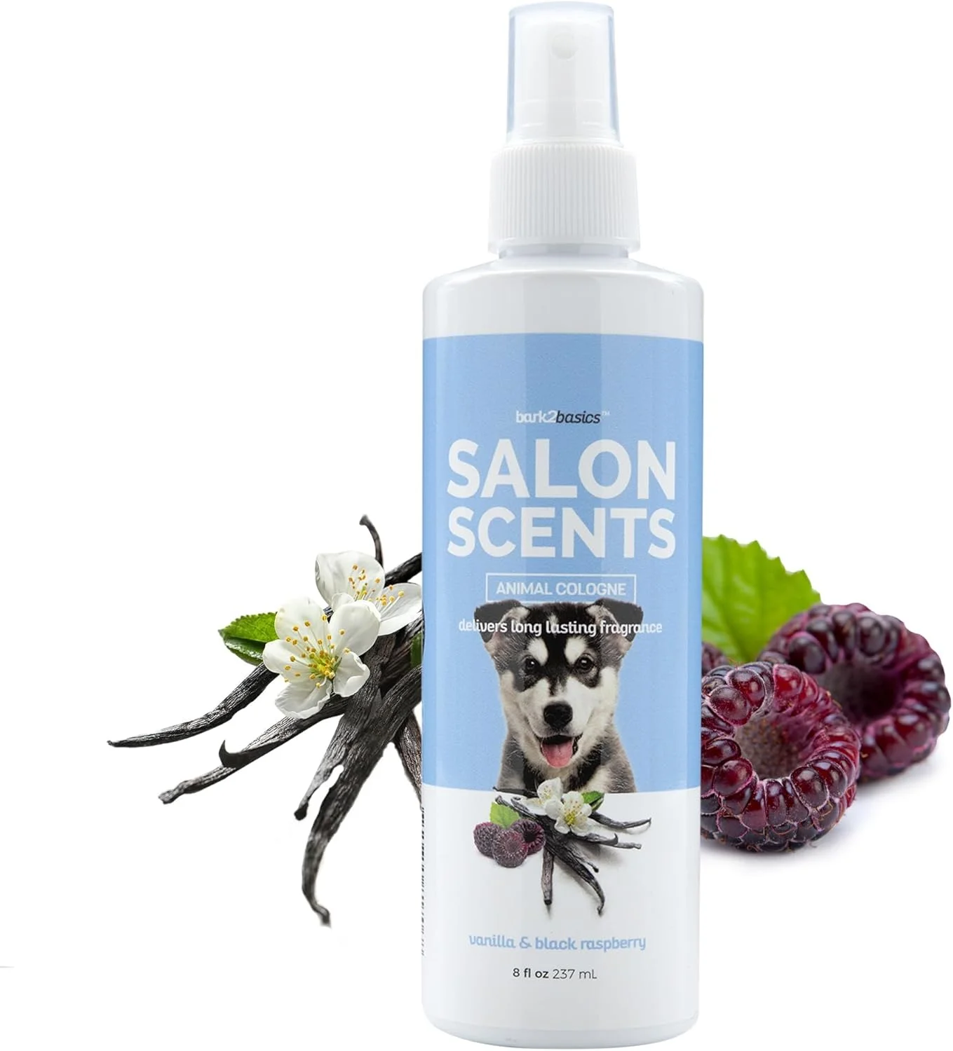 ادکلن سگ و گربه Bark2Basics با رایحه سالن - 236 میلی لیتر، عطر طبیعی و حرفه ای برای آرایش حیوانات خانگی، ماندگاری طولانی، خوشبو کننده (وانیل تمشک سیاه)