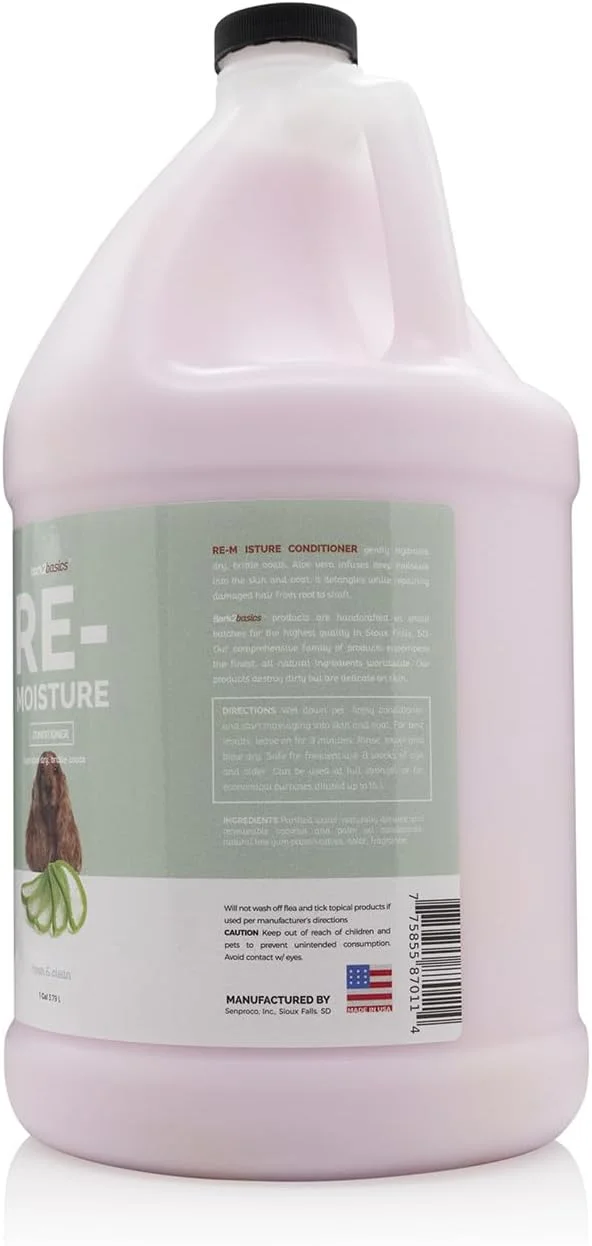 نرم کننده سگ Bark 2 Basics Re-Moisture، 1 گالن | غنی شده با آلوئه ورا، افزایش رطوبت، آبرسانی پوست خشک و خارش دار، پوست حساس یا آلرژی، حرفه ای، کمک به ریزش مو